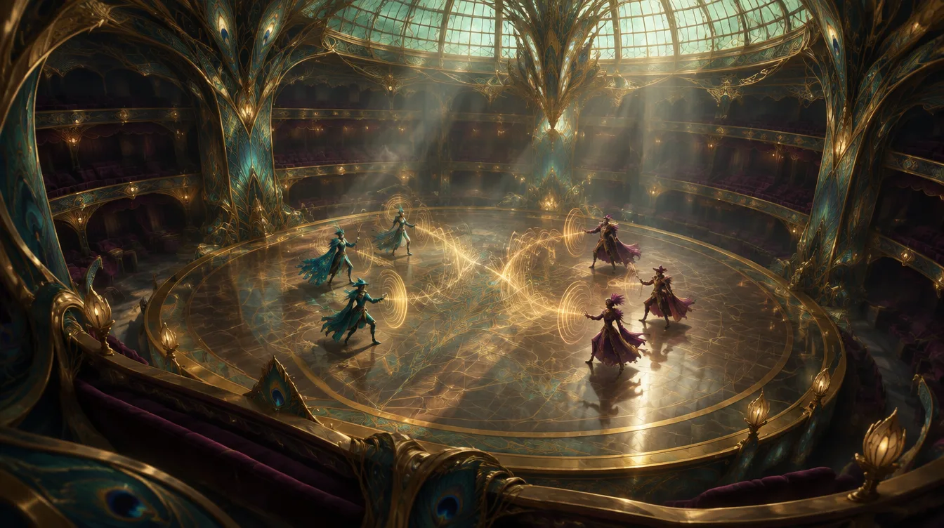 The Grand Stage dari balkon atas: panggung bundar berlapis emas di bawah kubah kaca, dua rombongan berkostum teal dan plum saling berhadapan, gelombang suara emas beradu di tengah.